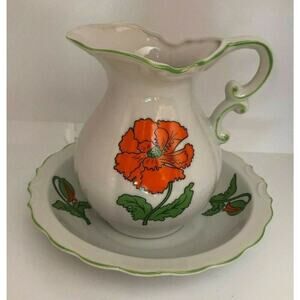 Vintage Seven Seas Bath Fashions Kitchen Flower Retro Pitcher & Bowl Japan